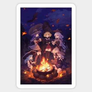 Cute Anime Witches at the Campfire with Glowing Embers Sticker